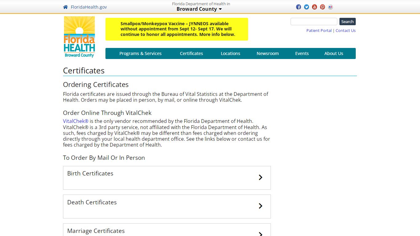 Certificates | Florida Department of Health in Broward